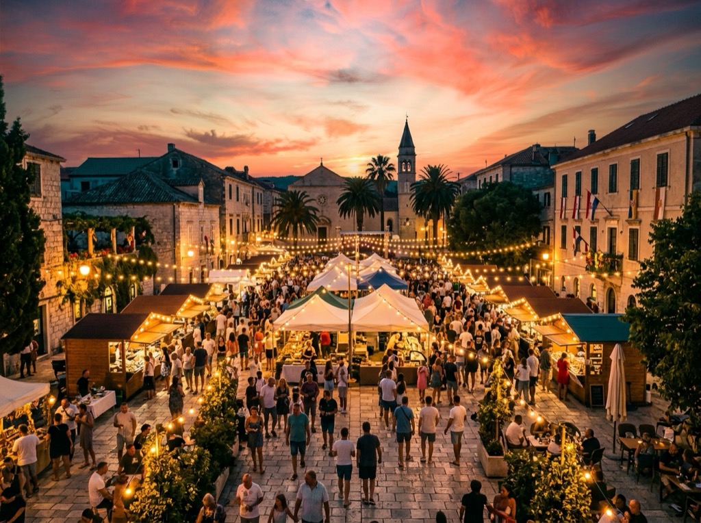 A lively market and festival after sunset